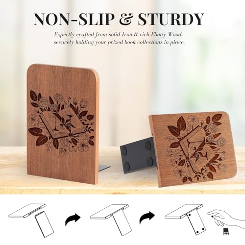 Wood Bookends, Book Ends for Shelves with Decorative Alphabet A and Z Design - Heavy Duty Iron & Ebony Wood Book Ends for Shelves Bookcase Desk - 1 Pair - N - color: N