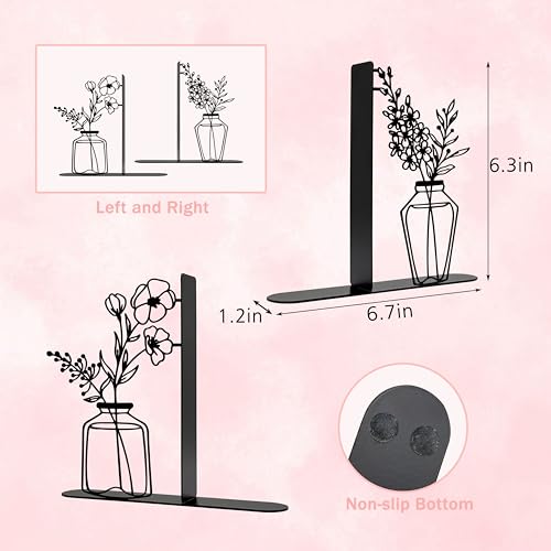 Cute Book Ends for Shelves - Decorative Flower & Vase Design, Heavy Duty Metal Bookends with Non-Slip Base - Novelty Gift for Book Lovers