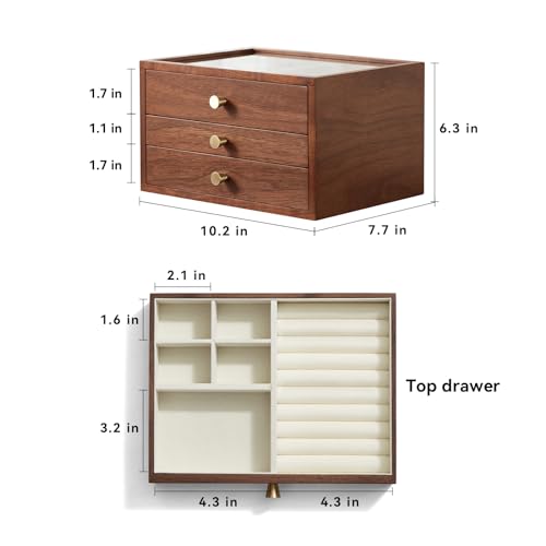 CHOSIN Black Walnut Wooden Jewelry Box for Women, 3-Layer Wood Jewelry Organizer with Glass Lid for Watches, Necklaces, Rings & Earrings Storage Mothers Day Gifts for Mom - style: 3 Layer