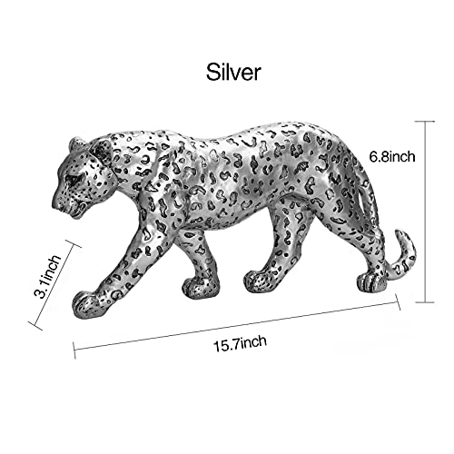 Cheetah Statue Home Decor Leopard Sculpture Resin Sitting Cheetah Figurine Desktop Table Top Ornament Decoration for Home Office-Gold Or Silver (Walking-Silver) - color: Silver