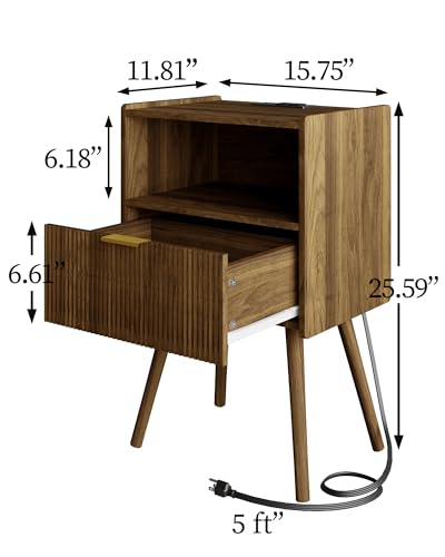 Veegle Nightstand,Modern Bedside Table with Storage Drawer and Open Wood Shelf, Accent Night Stand with Solid Wood Legs for Living Room, Bedroom and Small Spaces,Easy Assembly (Walnut Brown-Outlet) - color: Walnut Brown-outlet