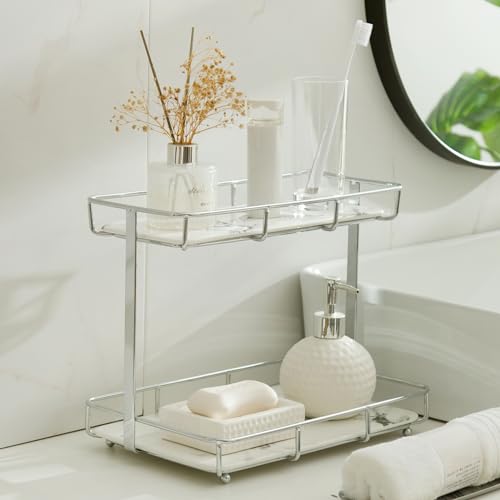 Bathroom Organizer Countertop Perfume Organizer Makeup Organizer Cosmetics Storage Display Rack Vanity Tray Dresser Stainless Steel Gold Shelf White Marble Ceramic Tray (2 Tier L-Sliver) | Perfume Organizer, Makeup Organizer, Cosmetics Storage, Vanity Tra