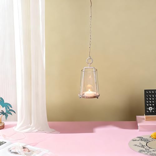 4" Wide Modern Farmhouse Metal Hurricane Candle Holder with Handmade Sturdy Glass Sleeve in Vintage White for 2" Pillar Candle & Plants, Glass Hurricane Lantern, Industrial, Minimalistic - color: White Shabby, size: 4"x7.5"