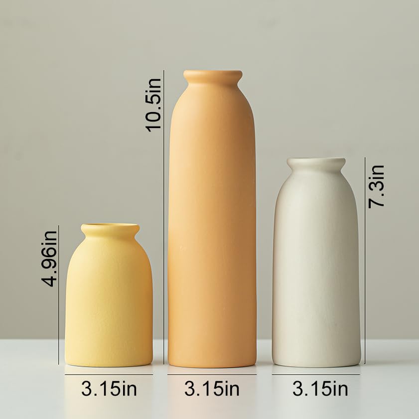 10.4 inches Tall Decorative Ceramic Vase Set, 3 Pieces, 10 inches Nordic Modern Style, White, Farmhouse Home Boho Shelf Decor(Orange) - color: Orange