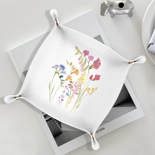Floral Leather Jewelry Valet Tray, Watercolor Flower Botanical PU Leather Catchall Beside Caddy Nightstand Organizer Tray for Jewelry Rings Watches Keys and Accessories, 7.8x7.8inch