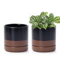 D'vine Dev Set of 2 Plants Pots, 4.7 Inch Ceramic Planter Pot for Plants with Drainage Hole and Saucer, Black/Speckled Tan, 94-V-B-7 - color: Black/Speckled Tan, size: 4.7 Inch