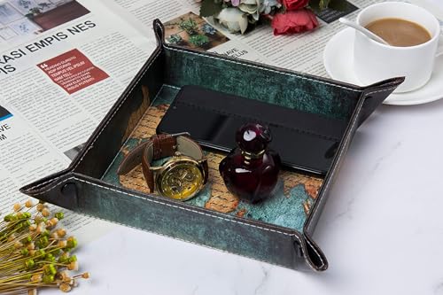 siduater Valet Tray Desktop Storage Organizer, Vegan Leather Catchall Bedside Vanity Tray Nightstand Caddy Holder for Remote Controller, Watch, Keys, Phone, Wallet, Sunglasses, Jewelry - Map - color: Map Design