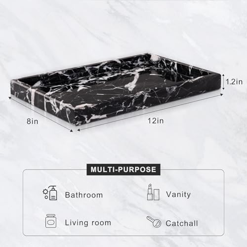 Marble Bathroom Tray for Countertop & Home Decor, Natural Decorative Marble Tray for Jewelry & Perfume Organizer, Luxury Stone Vanity Trays for Dresser, Kitchen Counter, 12" x 8", Black - color: Black