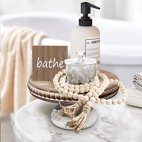 dwellington White Wash Round Display Wood Riser, 8.25” Shabby Chic Pedestal Tray Decor with Beads, Farmhouse Display Stands for Small Items in Coffee Bar, Bathroom, Kitchen Island