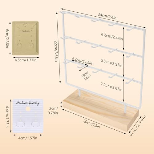 Earring Display Stand 3 Tier 15 Hooks Wood Earring Display Rack Holder for Earings Necklaces Rings Bracelets Keychains (White) - color: White