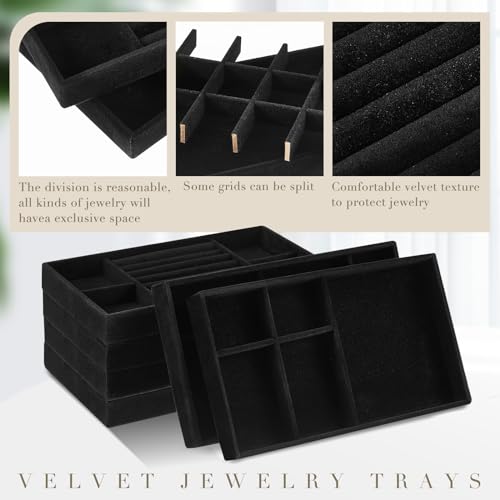 Junkin 18 Pcs Velvet Jewelry Tray, Stackable Jewelry Organizer Trays for Drawer, Jewellery Box Divided Display Tray, Jewelry Inserts for Drawer for Rings Earring Bangle Necklaces(Black) - color: Black