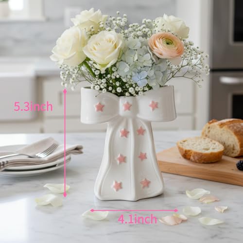White Bow Vase, White and Pink Flower Vase for Home Decor, Ceramic Vases for Boho Style, Large Cute Vases for Ideal Shelf Decor/Table/Living Room. (Pink 3, Large) - color: Pink 3