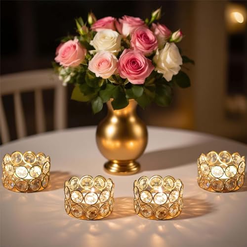 24 Pack Gold Metal Crystal Tea Light Candle Holders - 2.4"x1.6" Bulk Small Votive Candle Holders for Wedding, Home, Party Table Centerpiece Decorations