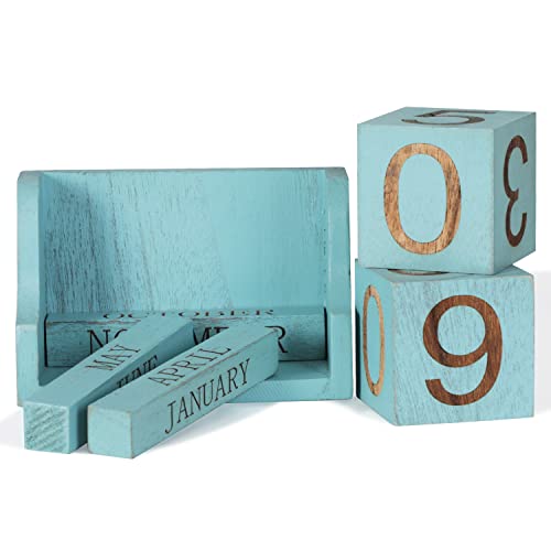 Wooden Desk Calendar,Desk Calendar Blocks for Teachers,Office Perpetual Date Block Small Home Desktop Decor Chic Vintage Month with Number Cubes Display Rustic Decoration(Ocean Blue) - color: Rustic Ocean Blue