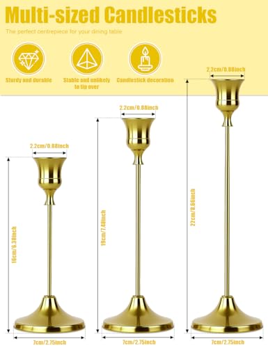 Set of 3 Brass Tapered Candle Holder,Candlestick Tall Metal Candlestick Holders for Table Centerpiece Home Decor for Wedding Fireplace Mantel Housewarming Gift Fits 3/4 Inch Thick Candles - color: Brass
