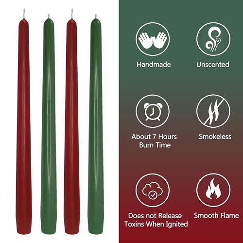 10 Inch Taper Candles Handmade Set of 4 – Unscented Tapered Candles in Red & Green, Candlesticks Smokeless Candle Sticks for Wedding, Home Decor, and Dinner Table - color: Red Green