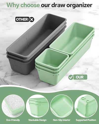 Canfanni 13 Pack Plastic Drawer Organizers Set, 3 Sizes Desk Drawer Organizer Trays for Vanity and Makeup Organizer, Organization and Storage for Makeup, Kitchen Utensils, Bathroom and Office(Green) - color: Green