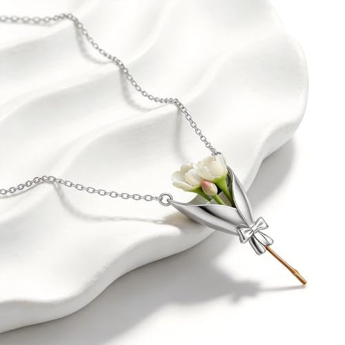 Flower Bouquet Necklace Flower Holder Necklace Pendant Creative Floral Vase Necklaces Kawaii Aesthetic Nature Spring Outfits Jewelry Gift Mothers Day Gifts - color: A1:Silver Flower Bouquet Necklace