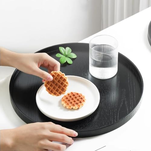 Round Wood Serving Tray, Solid Wooden Decorative Tray Non-Slip Tea Coffee Table Tray Snack Plate Food Meals Serving Tray with Raised Edges for Home Decor Kitchen Restaurant (9.5inch, Black) - size: 9.5"