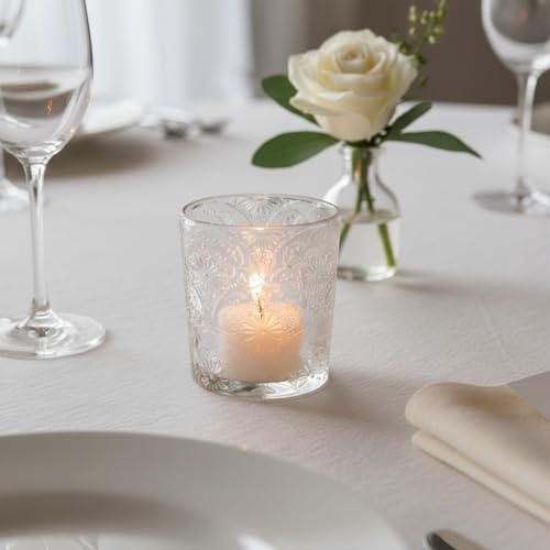 6 Pack Mandala Embossed Glass Candle Holders – Votive Tealight Holders with Patent Design, Decorative Embossed Glass Cups for Wedding Centerpieces, Parties, and Home Décor (Crystal Clear) - color: Crystal Clear