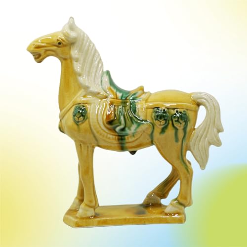 Handmade Tang Dynasty Tri-Color Horse Ceramic Sculpture - 19cm Traditional Chinese Cultural Art Decor - Symbol of Prosperity & Good Fortune - Perfect for Home, Office, Bookcase Shelf (Yellow) - color: Yellow