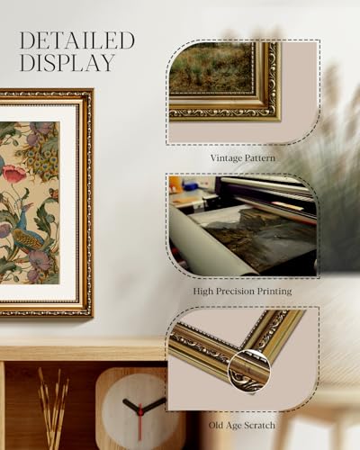 Golden Framed Canvas Wall Art Vintage Peacock, Classic Vine With Poppies Floral Canvas Print Wall Decor, Bird Art Print Wall Hanging 13x16 inch, for Bedroom Bathroom Living Room Decor - color: Peacock, size: 16"L x 13"W