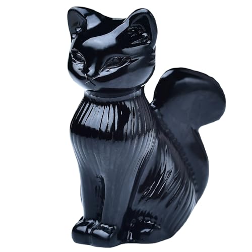 Natural Obsidian Crystal Cat Statue 2.4 Inch - Handmade Healing Sculpture, Lucky Guardian Pocket Statue for Reiki Meditation, Office & Home Decoration Gift - color: Obsidian