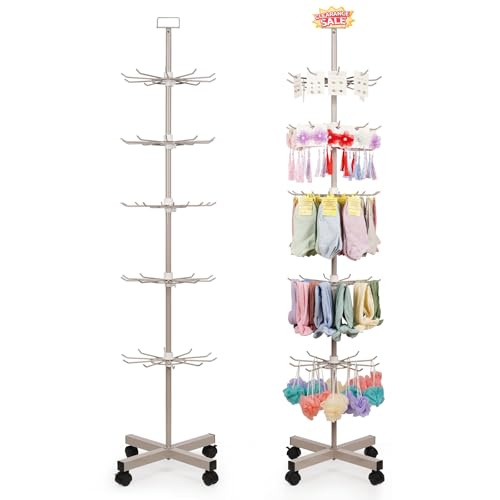 Retail Display Stand Store Display Rack 5 Tier Metal Spinning Display Stand Rack with Wheels Keychain Jewelry Stocking Hat Display Stand with Hooks for Malls, Showroom, Retail Store (Grey) - color: Grey