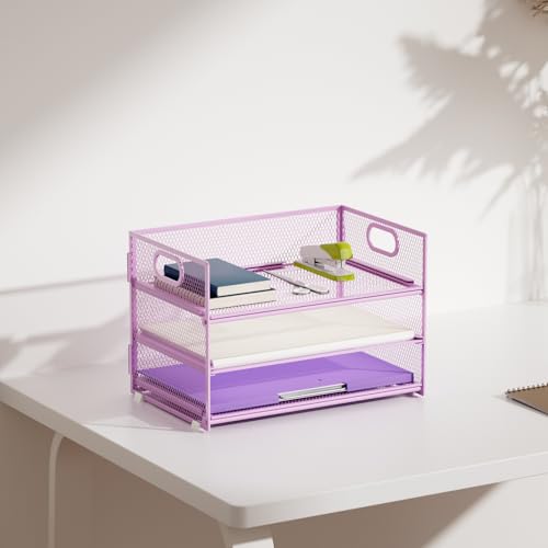 Marbrasse 3 Tier Paper Organizer Letter Tray, Mesh File Organizer with Handle, Paper Sorter Desk Organizer for Home Office Supplies - 2p Purple - color: Purple - 2p