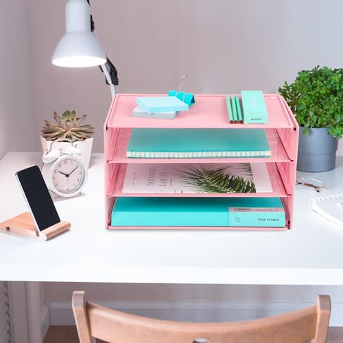 EASEPRES Paper Organizer Tray, 3 Tier Mesh Desk File Organizer Letter Sorter Holder for Home Office, Pink - color: 3 Tier Pink