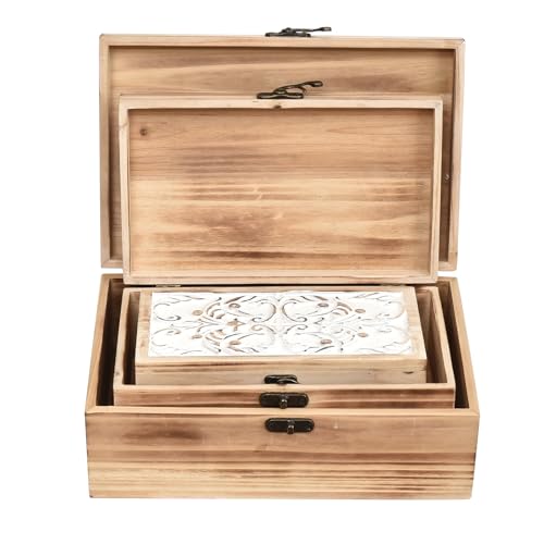 DECOR4SEASON Wooden Box Set of 3 - Rustic Farmhouse Decorative Boxes with Hinged Lid and Carved Design - color: White&Brown, size: S&M&L