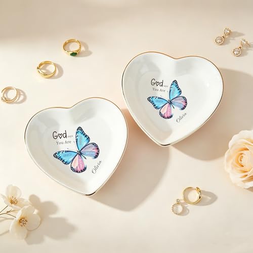 Personalized Ceramic Jewelry Dish, Custom Birth Flower & Name Trinket Tray for Mother's Day, Bridesmaid, Birthday Gift - 4 Shape1s Available (Butterfly Jewelry Tray - Heart) - color: Butterfly Jewelry Tray - Heart