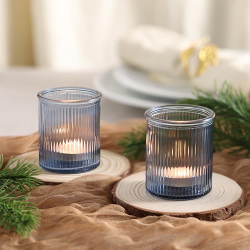NITIME 32Pcs Ribbed Blue Votive Candle Holders, Tea Light Candle Holders for Table Centerpiece, Blue Candle Holders for Wedding Decor,Home and Holiday Decor - color: Blue