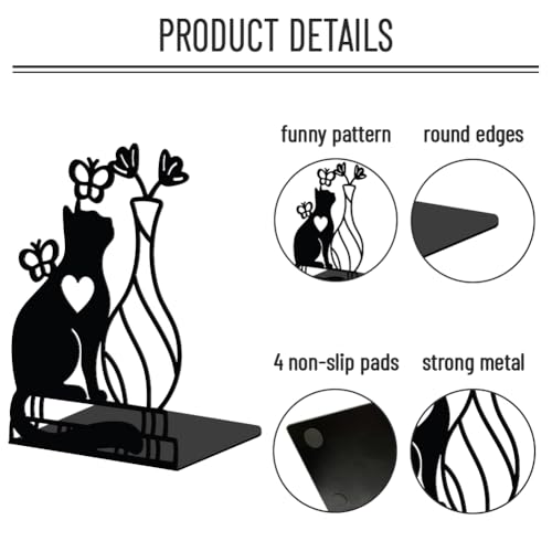 WADORN 1 Pair Cute Cat Flower Metal Decorative Bookend for Shelves, Heavy Duty Book Ends Modern Non-Skid Books Holder Stand Black Book Support Stoppers for Desk Bookshelf Office Home, 5.3x4.3x7.9 Inch - color: Vase Cat Flower