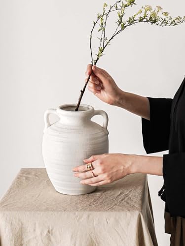 Large White Ceramic Vase - 9.5 Inch Rustic Farmhouse Flower Vase with Handles for Home Decor, Vintage Tall Vase for Living Room, Table, Bathroom, Holiday & Weddings (Sandstone White) - color: Sandstone White-9.5"