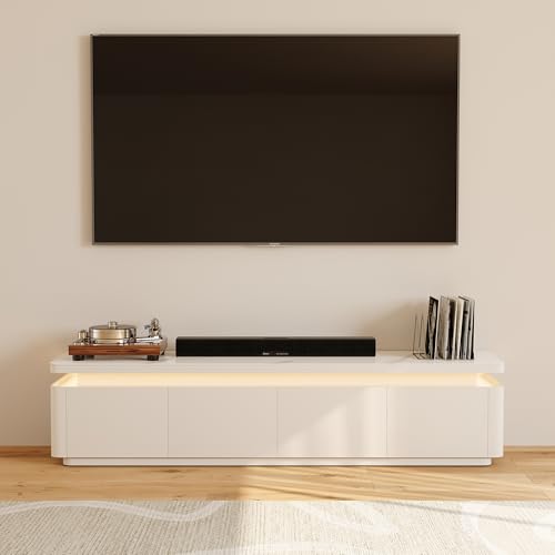 POVISON Fully Assembled 71" Mid-Century Modern TV Stand with LED Lights, Glossy Sintered Stone Top Media Console for 65 Inch TV, Drop-Down Doors & Drawers, Open Storage for Living Room - color: White, size: 71"
