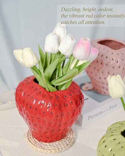 DN DECONATION Red Strawberry Vase, Strawberry Ceramic Flower Vases for Colorful Girly Home Decor, Decorative Cute Vase for Strawberry Party Decorations - color: Red Strawberry