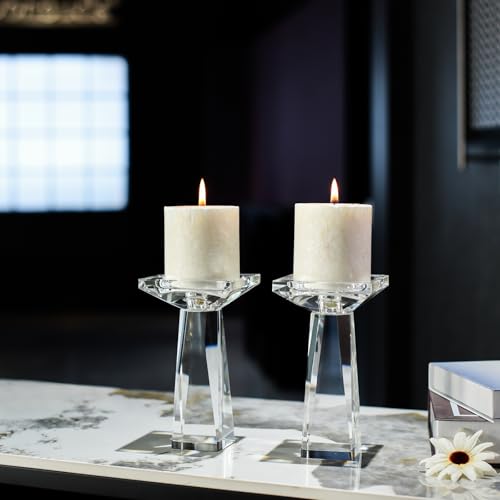 Crystal Taper/Pillar Candle Holders Set of 2, Heavy Solid Hand Cut Candle Stands Set, 6.3 Inches Height, Table Centerpiece Home Decor for Wedding, Dining, Party, Clear
