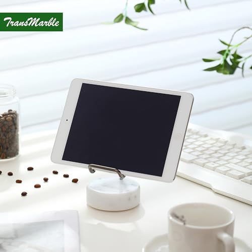 Marble Phone Stand with Metal Holder, Charging Available While Using, Swipe Up to Unlock, Made of Natural Marble as Business Card Holder for Office Desk (Starry White + Black) - color: Starry White + Black