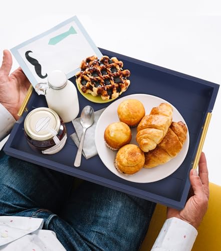 SXNOWS Coffee Table Tray - Large Ottoman Tray for Living Room - Wood Serving Tray with 2 Sets of Handles - Wooden Trays for Coffee Tables, 4 Round Coasters Included, Deep Blue - color: Navy Blue