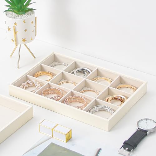 Stackable Jewelry Organizer Tray For Drawers,White Leather Small Earring Storage Tray,Bracelet And Necklace Display Box,Jewelry Ring Display Case (Creamy White 12 Grids) - style: Creamy White 12 Grids