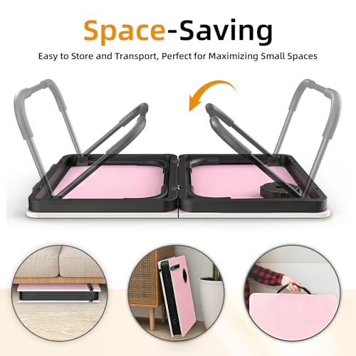 BUYIFY Foldable Laptop Bed Desk for Couch, Sofa - Large Lap Desk Tray Table with Cup Holder and Tablet Slot - Portable Notebook Stand for Eating, Writing, Studying and WFH (Pink) - color: Pink