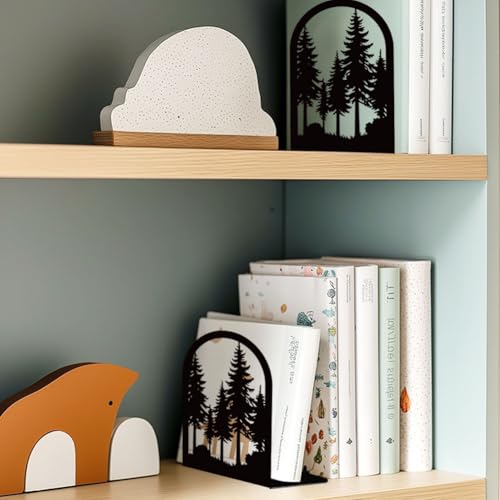 Forest Book Shelf Decorative Bookends for Shelves, Book Ends for Heavy Books, Black Pine Tree Metal Bookends for Desk Organizer, Office Library Decor Decorative Books for Home Decor - style: Forest