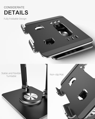 Orlian Tablet Stand Holder with Thickened 360°Rotating Base Dual Rod Adjustable Aluminum Stand for All 5.8-12.9” iPad Samsung Phone Tablet Kindle E-Reader and More, Black - color: Black