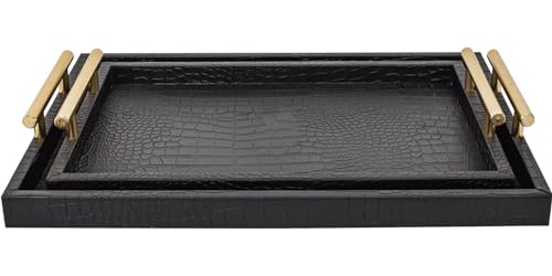 Set of 2 Modern Elegant Large Wood Serving Tray, Rectangle Decorative Tray Ottoman Tay Coffee Table Tray, Black Crocodile Leather with Gold Polished Metal Handles - style: Black Crocodile Tray
