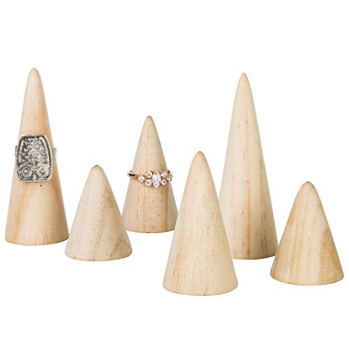 MyGift Wooden Ring Holder Set of 6 - Natural Wood Engagement & Wedding Jewelry Display Cone for Women, Men - Modern Triangular Freestanding Ring Organizer for Vanity, Retail (3 Sizes) - color: Natural Wood