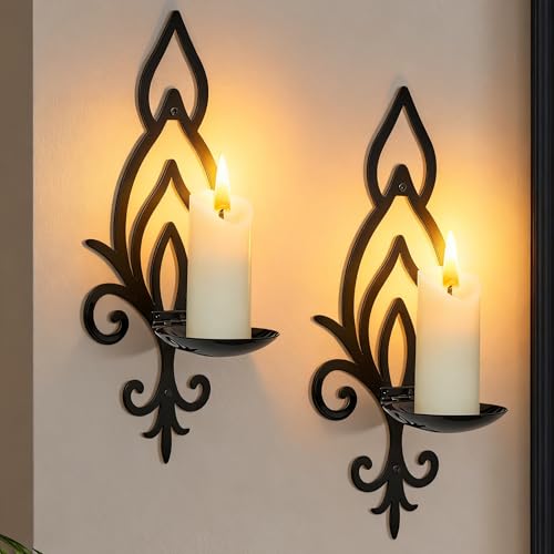 Wall Candle Sconces Set of 2, Vintage Flower-Shaped Metal Candle Holders for Pillar, Tealight, and LED Candles, Rustic Decorative Wall Decor for Living Room Dining Room (Black) - color: Black Flower-shaped