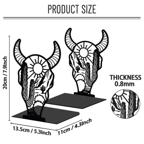 WADORN 1 Pair West Cow Skull Metal Decorative Bookend for Shelves, Heavy Duty Book Ends Modern Non-Skid Books Holder Stand Black Book Support Stoppers for Desk Bookshelf Office Home, 5.3x4.3x7.9 Inch - color: Cow Skull
