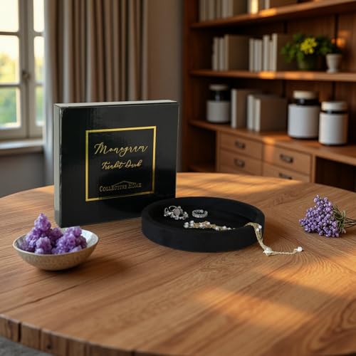 COLLECTIVE HOME - Velvet Jewelry Tray, 6" Monogrammed Jewelry Dish, Smooth Velour Display Dish for Rings, Earrings, Necklaces, Makeup, Personalized Gifts for Women (Black-m) - color: Black-m