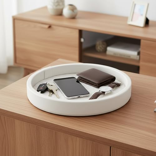 Round Woven Leather Tray, 10" Dia Vanity Tray, Leather Catchall Organizer for Jewelry, Perfume, Keys, Desk Valet Tray for Nightstand, Dresser, Coffee Table Decor, Beige